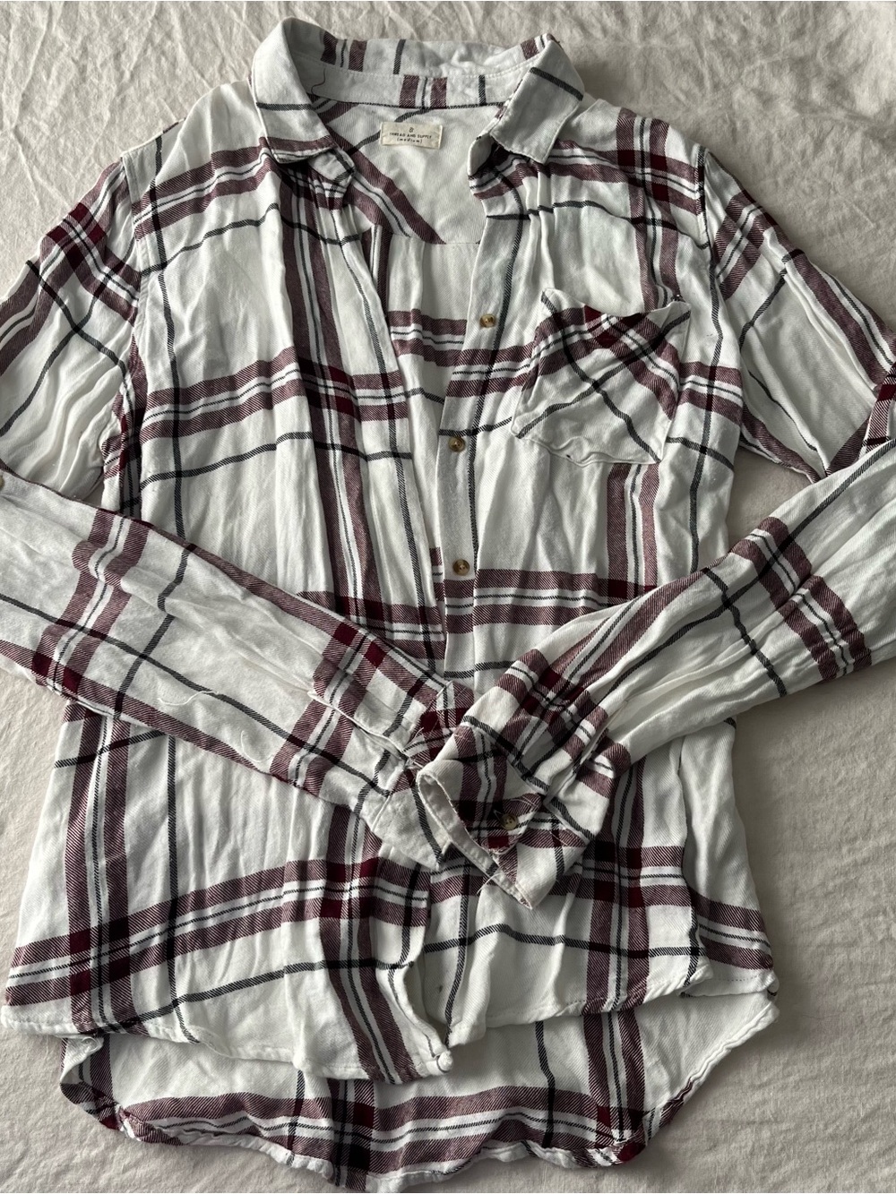White Plaid Button-Up Flannel Shirt with Burgundy and Black Stripes